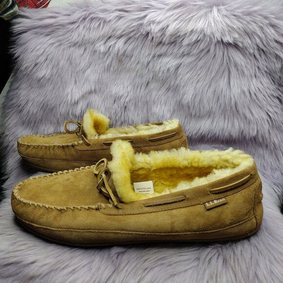 LL Bean Men's Brown Suede Wicked Good Shearling Lined Slipper Moc II Size 14 - Picture 1 of 8